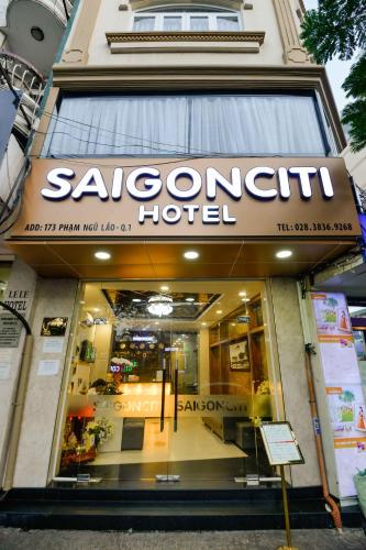 a sign for a saapore hotel in front of a building at Saigonciti Hotel A in Ho Chi Minh City