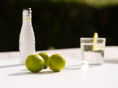 a group of limes on a table with a bottle at Apollo Plakias in Plakias