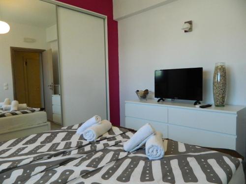a bedroom with a bed and a tv and a mirror at Kalithies apartment in Kalithies
