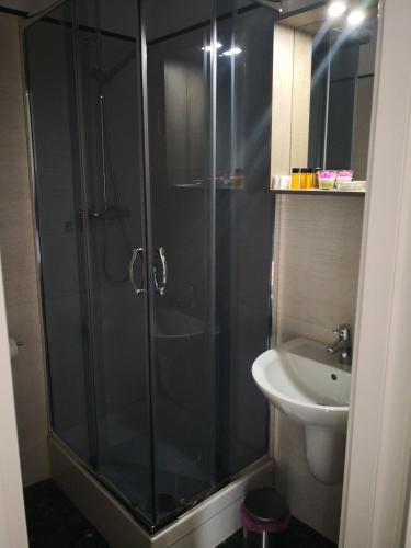 a bathroom with a shower and a sink at Dimore Pietrapenta Apartments, Suites & Rooms - Via Lucana 223, Via Piave 23, Via Chiancalata 16, Vico Fornaci 9 in Matera