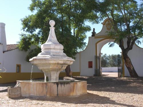 a fountain in front of a building with a tree at Hotel Rural Quinta de Santo Antonio in Elvas