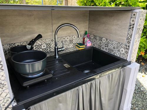 um lavatório de cozinha com um vaso e um lavatório em Suite à 800m de la plage em Saint-Lunaire