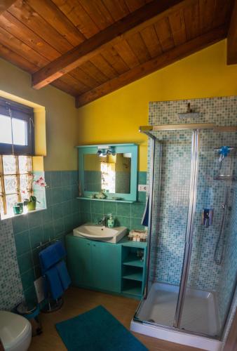 a bathroom with a shower and a sink and a toilet at Casa Cocco in Sant' Isidoro