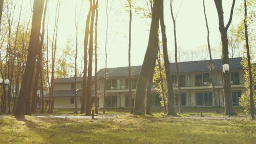 a building in the middle of a forest at Green Resort Limburg in Houthalen-Helchteren