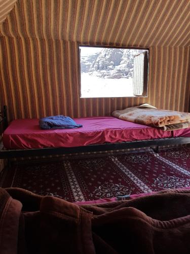 a bed in a room with a window at Jordan Tracks Bedouin Camp in Wadi Rum