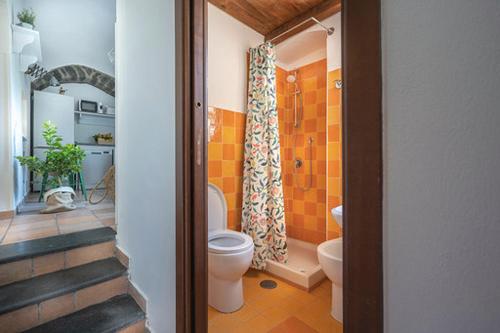 a bathroom with a toilet and a shower at Nonna Carmela Apartment in SantʼAgata sui Due Golfi