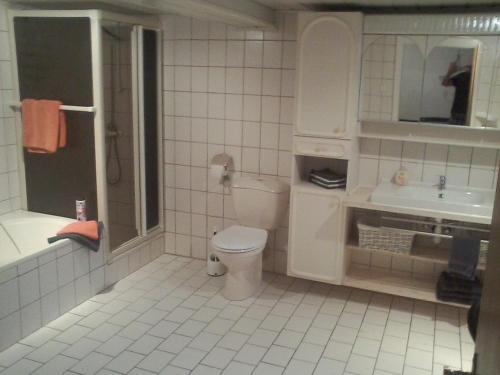 a bathroom with a toilet and a tub and a sink at Fewo Kastel in Nonnweiler