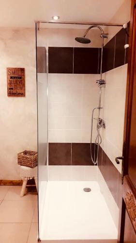 une douche avec une porte vitrée dans une salle de bain dans l'établissement Ferme U San Martinu, à Sisco