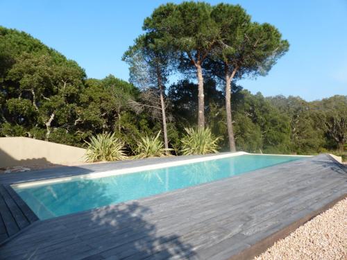 una piscina con una terraza de madera y árboles en Luna verde, en Porto Vecchio