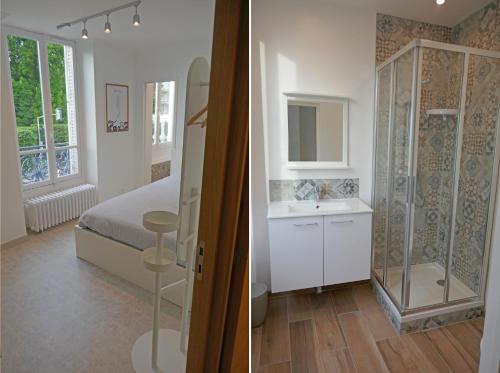 ein Schlafzimmer mit Dusche und ein Badezimmer mit Waschbecken in der Unterkunft VILLA CAMILLE - Proche Paris & Disneyland in Lagny