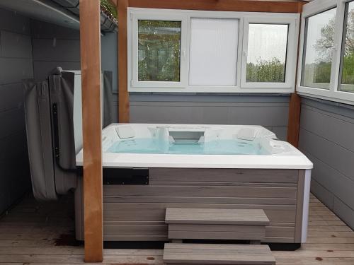 a jacuzzi tub in a bathroom with two windows at LA BINAMERIE in Remicourt