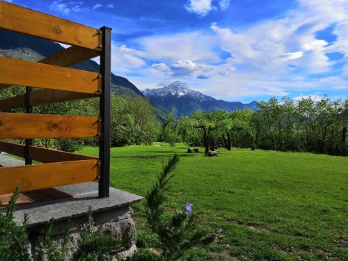 a view of a field with a mountain in the background at Agriturismo Val Codera in Verceia