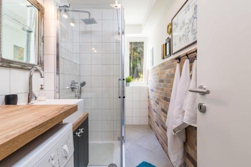 een badkamer met een douche en een wastafel bij Beautiful Apartment Rovinj with five bicycles included in Rovinj