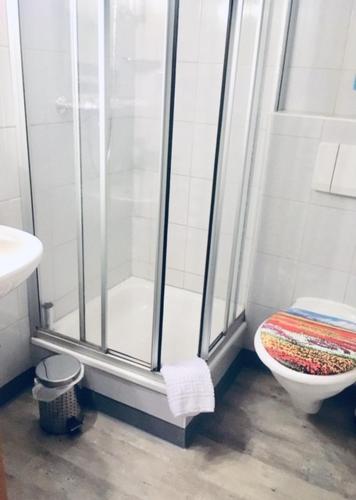 a bathroom with a shower and a toilet and a sink at Blütenhotel Village in Marburg an der Lahn