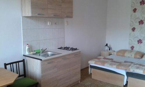 uma pequena cozinha com um lavatório e uma cama em Apartman Fortuna em Štúrovo