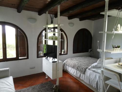 Minivilla a Viterbo a 5 minuti dal centro في فِتيربو: غرفة نوم مع سرير ورف مع تلفزيون