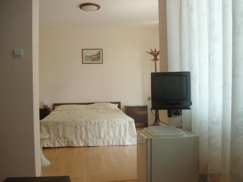 a bedroom with a bed and a tv at The House Next to the Beach in Sozopol
