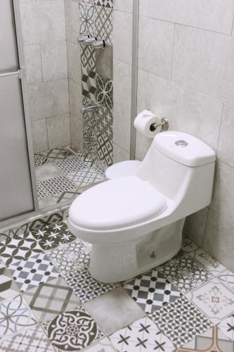 a bathroom with a toilet and a shower at NATIVUS Art-Hostel in San José