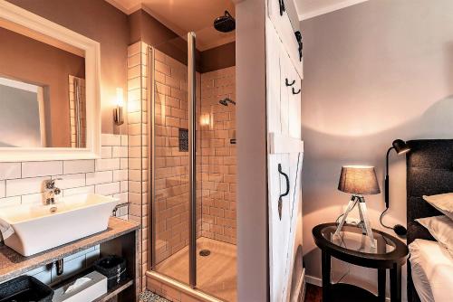 a bathroom with a shower and a sink at Friesen-Lodge Apartments in Breklum