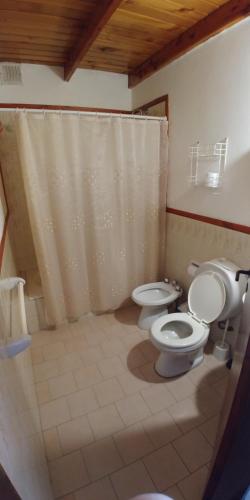 baño con 2 aseos y cortina de ducha en Coronel Rodhe - Andarlibre en San Martín de los Andes