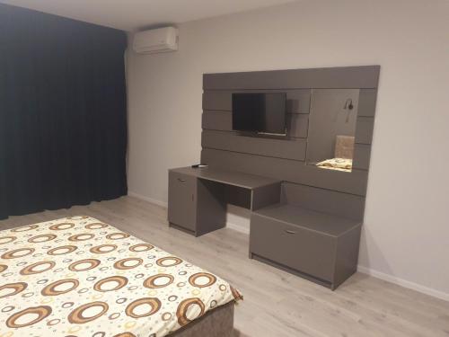 1 dormitorio con escritorio, TV y cama en Apartments Yes, en Uzhhorod