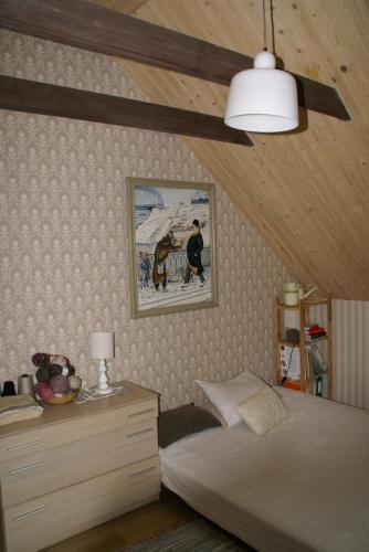ein Schlafzimmer mit einem Bett und einem Bild an der Wand in der Unterkunft Dzērves in Araiši
