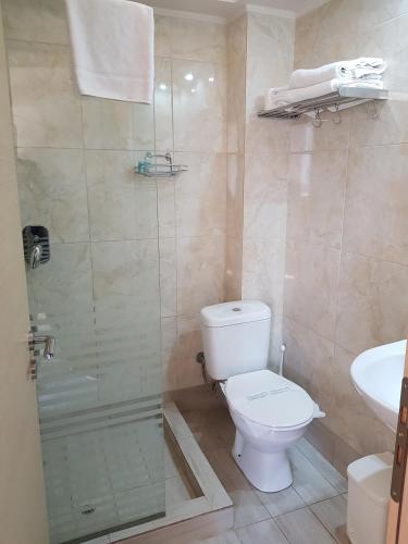 a bathroom with a toilet and a shower and a sink at Hotel Miramare in Pylos