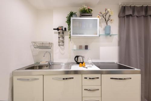 uma pequena cozinha com um lavatório e um micro-ondas em Il Palio suite Casato di Sopra em Siena