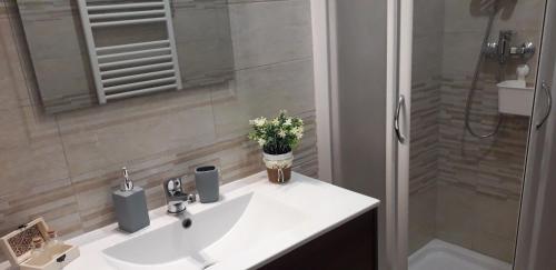 bagno con lavandino bianco e doccia di La Dimora di Sofia a Giuggianello