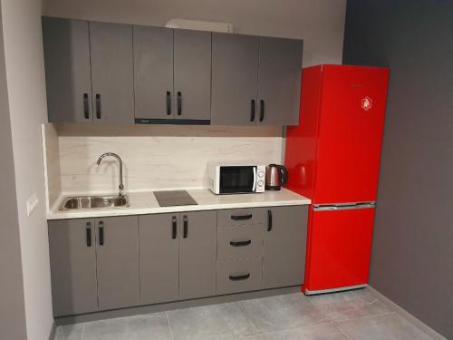 una cucina con frigorifero rosso e lavandino di Апартаменты Yes Silver a Užhorod