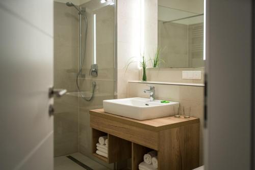 ein Bad mit einem Waschbecken und einer Dusche mit einem Spiegel in der Unterkunft Müritzpalais in Waren (Müritz)