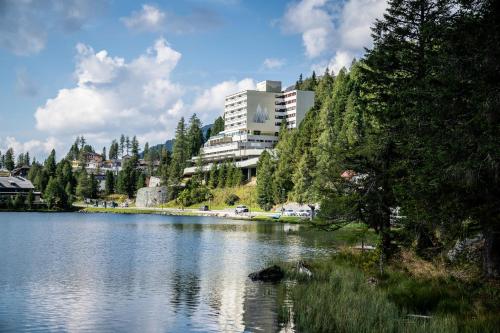 a large building sitting on the side of a lake at Panorama Hotel Turracher Höhe in Turracher Hohe