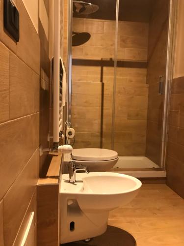 a bathroom with a toilet and a sink and a shower at Riva Reno 4 Rooms in Bologna