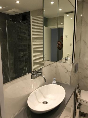 un uomo che scatta una foto di un bagno con un lavandino di Apartman Oslo a Belgrado