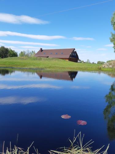 a barn sitting next to a large lake at Sodyba Vieversynė in Duokiškis