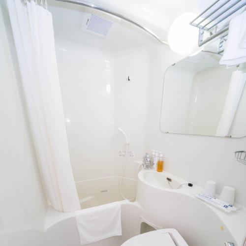 a bathroom with a sink and a toilet and a mirror at Super Hotel Yamaguchi Yuda Onsen in Yamaguchi