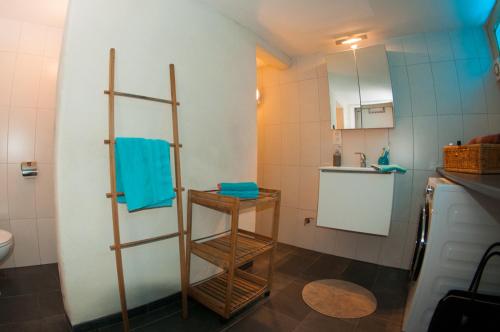 uma casa de banho com um toalheiro e um lavatório em Gîte Perle d'Ô em Profondeville