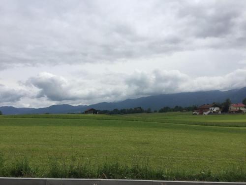 a green field with houses and mountains in the background at Studio mit Alpenblick in Kleinweil