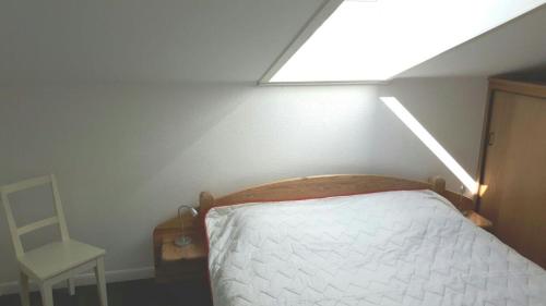 a bedroom with a bed with a skylight and a chair at Ferienwohnung-Rosenrot-auf-dem-Ferien-Bauernhof-Nilson-in-Inselmitte in Bisdorf
