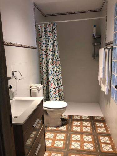 a bathroom with a toilet and a shower curtain at Alojamiento Rural El Soldao in Medina Sidonia