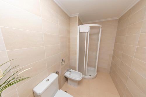 y baño con aseo y ducha. en Apartagal-Apartamentos Espasante, en Porto de Espasante