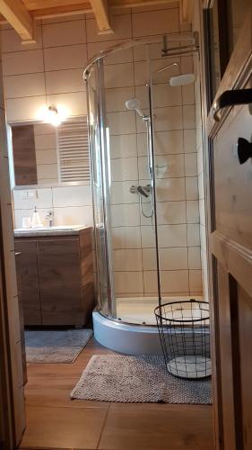 a bathroom with a shower and a sink at Agroturystyka "Domek pod Praszywką" in Rycerka Górna