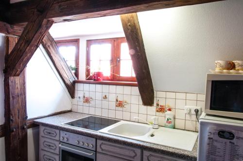 a kitchen with a sink and a microwave at Pokoje Gościnne u Eweliny in Bogatynia