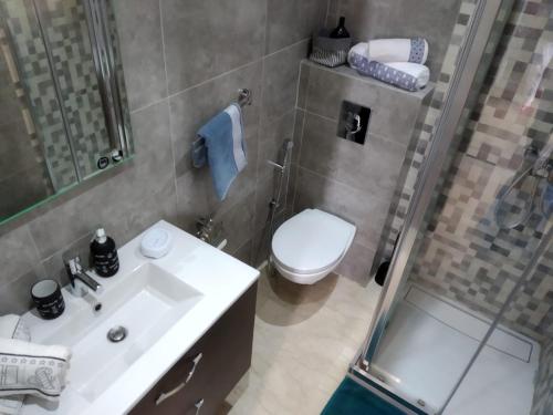 a bathroom with a toilet and a sink and a shower at Très haut standing piscine, plage + Netflix in Agadir