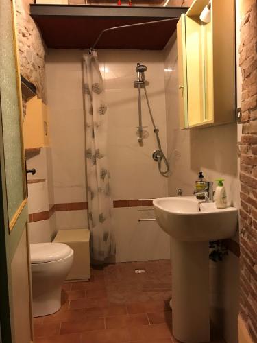 a bathroom with a white sink and a toilet at La Calona in Camaiore