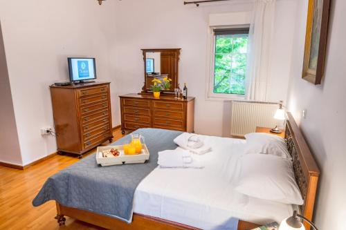 a bedroom with a bed with a tray of oranges on it at Xenia in Iraklitsa