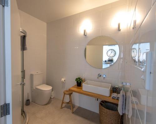 a bathroom with a sink and a toilet and a mirror at Lakeview Lodge Karapiro in Cambridge