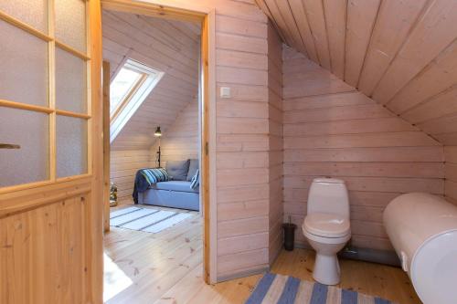 a small bathroom with a toilet in a attic at Pootsmani maja in Paatsalu