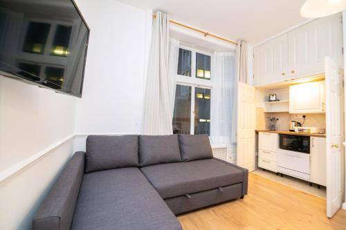 sala de estar con sofá y cocina en Knightsbridge Apartments en Londres