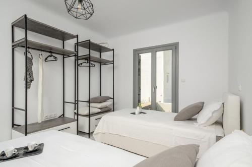 a bedroom with two beds and a mirror at Villa Tranquillity in Kastraki Naxou